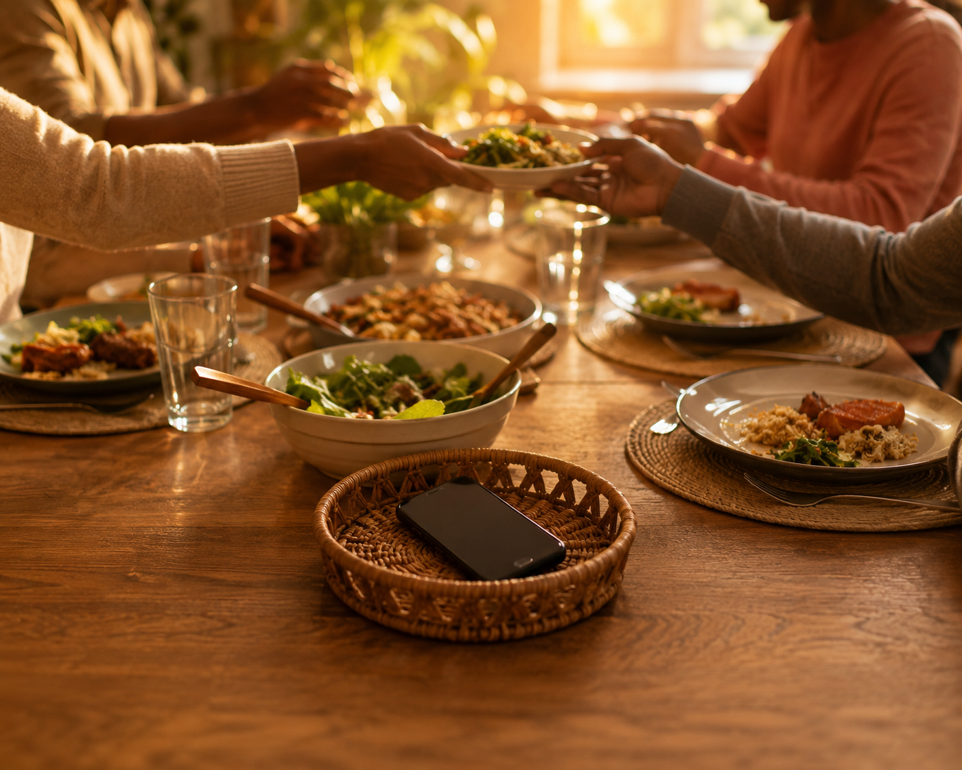 A family passing plates at the dinner table, phone resting untouched in a basket