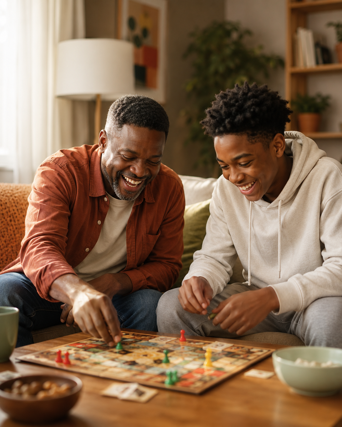 A father and teenage son laughing together over a board game